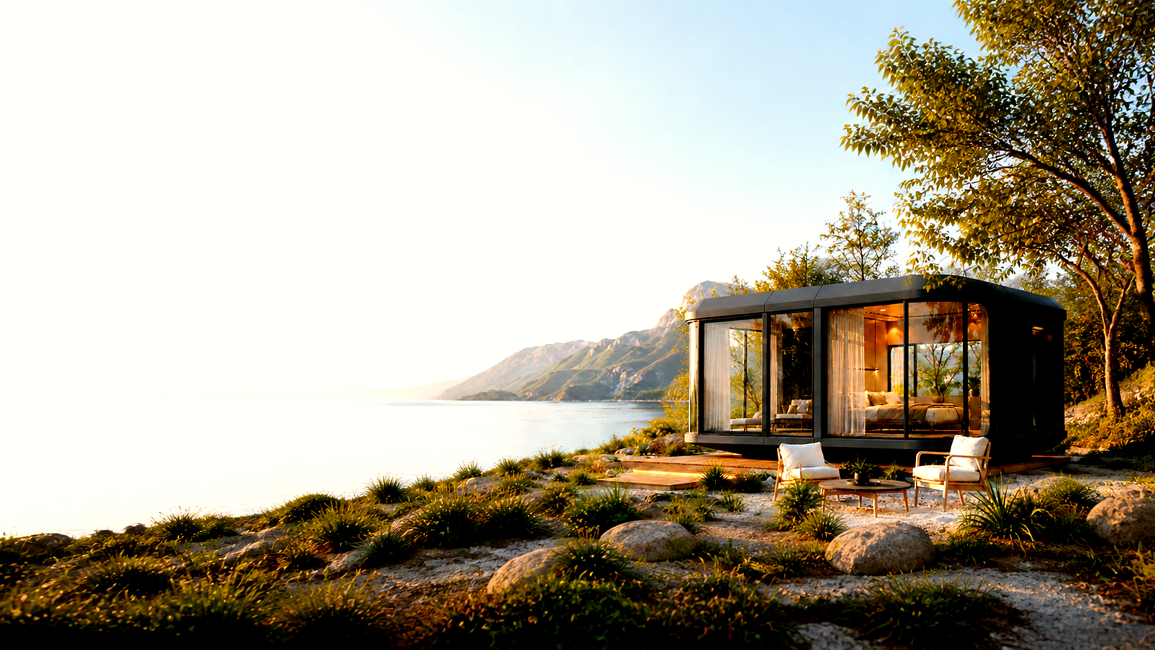 A furnished charcoal modular home in a bright coastal setting